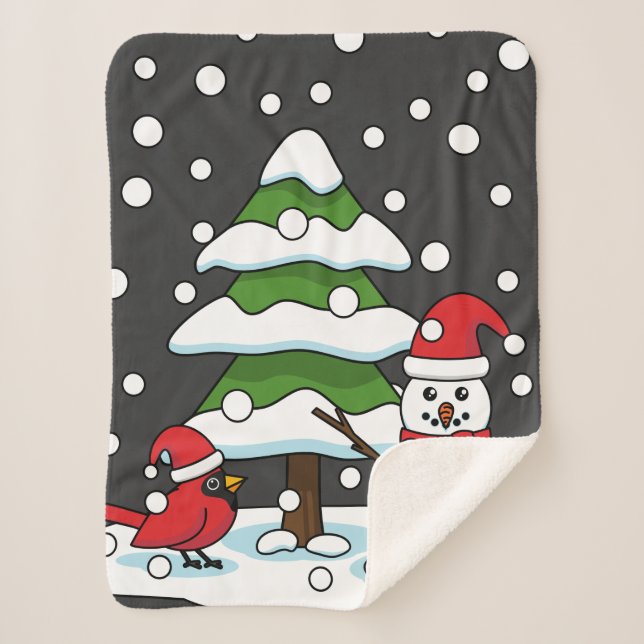Snow Falling on Cardinal, Snowman and Pine Tree Sherpa Blanket (Front)