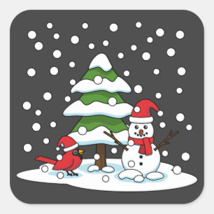 Snow Falling on Cardinal, Snowman and Pine Tree Square Sticker