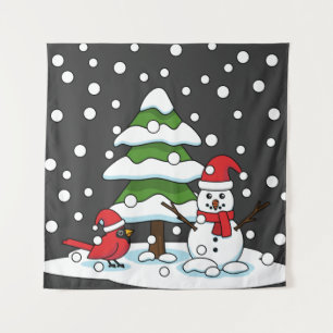 Snow Falling on Cardinal, Snowman and Pine Tree Tapestry