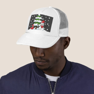 Snow Falling on Cardinal, Snowman and Pine Tree Trucker Hat