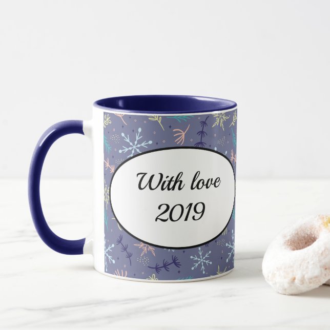 Snow Falling Snowflakes Pine Boughs Blowing Mug (With Donut)
