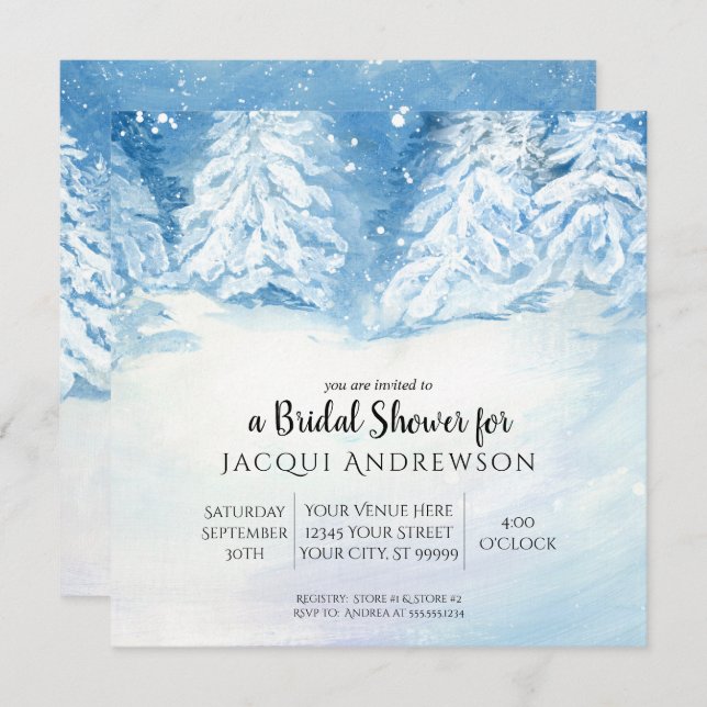 Snow Falling Winter Trees Bridal Shower | Square Invitation (Front/Back)
