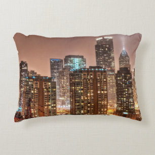 Snow falls over skyline at evening in Chicago Decorative Cushion