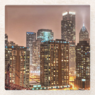 Snow falls over skyline at evening in Chicago Glass Coaster