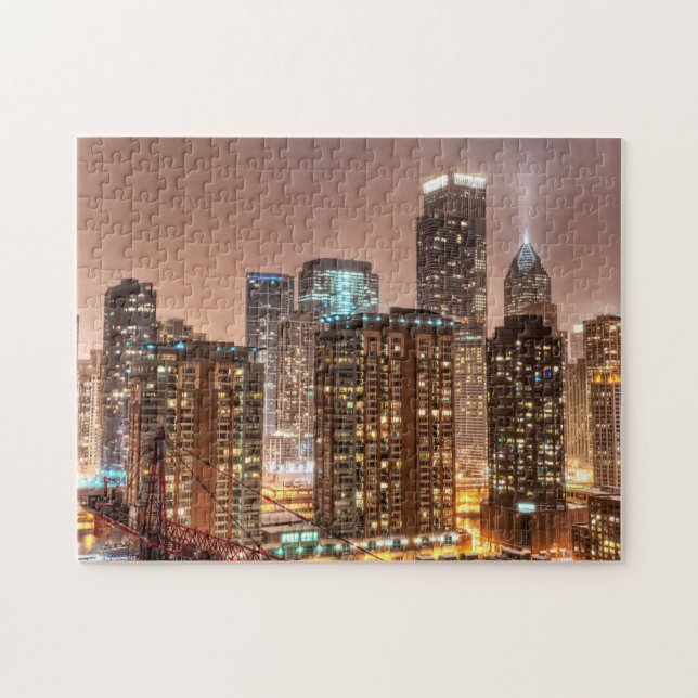 Snow falls over skyline at evening in Chicago Jigsaw Puzzle (Horizontal)