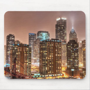 Snow falls over skyline at evening in Chicago Mouse Pad