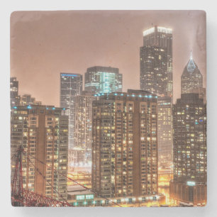 Snow falls over skyline at evening in Chicago Stone Coaster