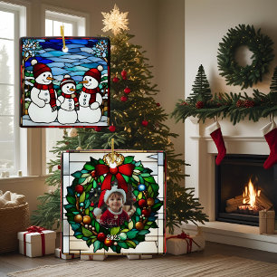 Snow Family Faux Stained Glass Ceramic Ornament