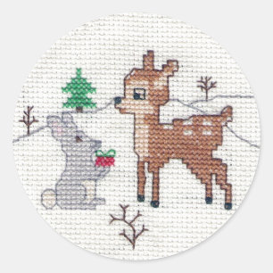 Snow Fawn and bunny Cross Stitch Classic Round Sticker