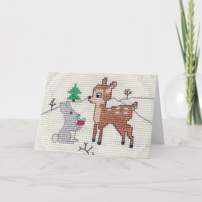 Snow Fawn and Bunny Cross Stitch Holiday Card (Front)