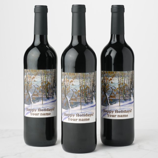 Snow fell Watercolor painting Wine Label (Bottles)