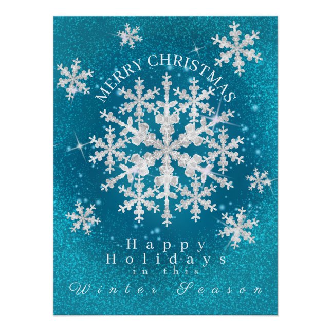 Snow Flakes Aqua White Glossy Poster (Front)
