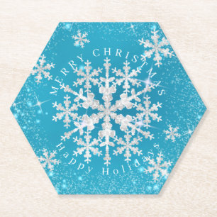 Snow Flakes Aqua White Paper Coaster