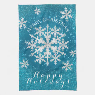 Snow Flakes Aqua White Tea Towel