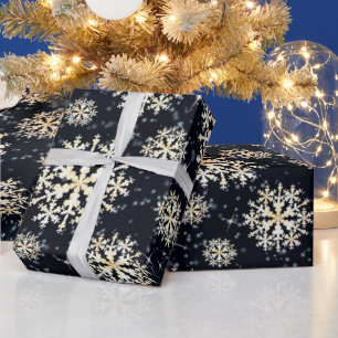 Snow Flakes Black Gold Wrapping Paper
