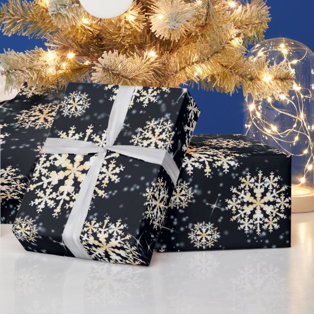 Snow Flakes Black Gold Wrapping Paper (Holidays)