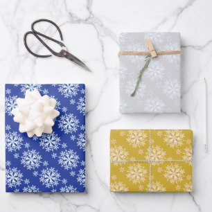 Snow Flakes Blue Grey Mustard Wrapping Paper Sheet