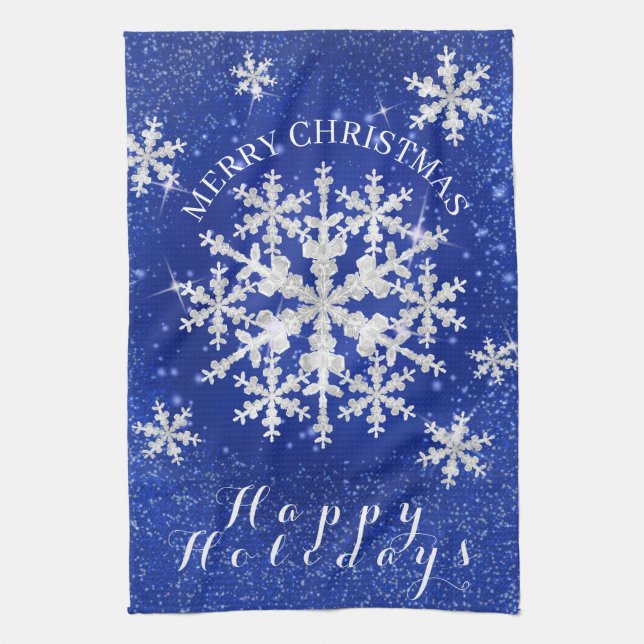Snow Flakes Blue White Tea Towel (Vertical)