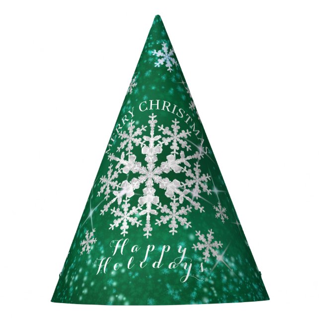 Snow Flakes Green White Party Hat (Front)
