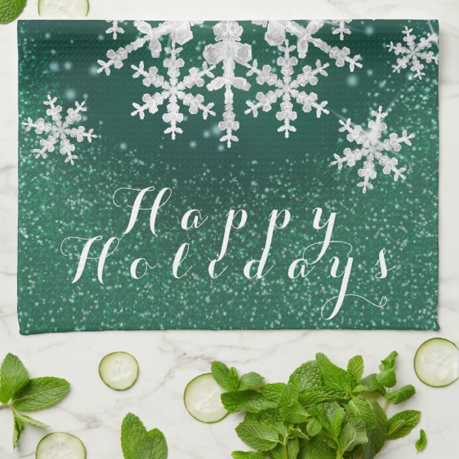 Snow Flakes Green White Tea Towel (Folded)