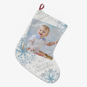Snow Flakes Grey White Large Christmas Stocking