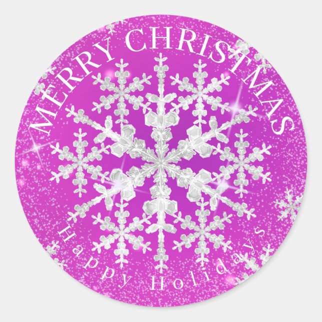 Snow Flakes Magenta Classic Round Sticker (Front)