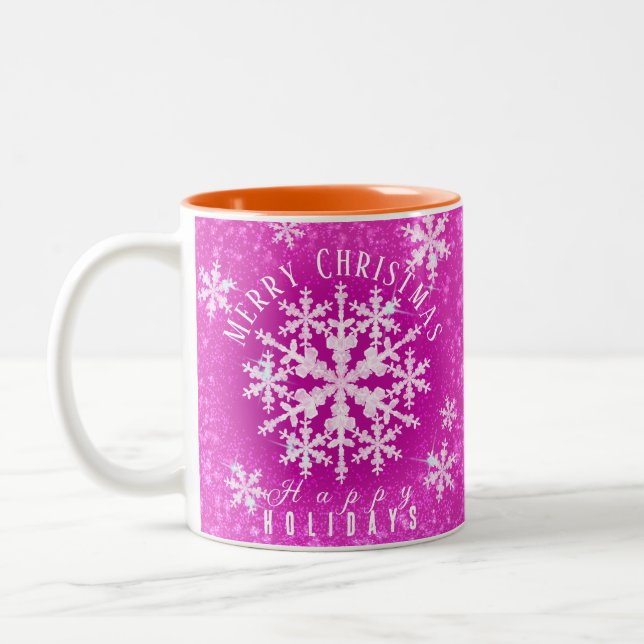 Snow Flakes Magenta Two-Tone Coffee Mug (Left)