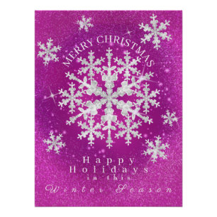 Snow Flakes Magenta White Glossy Poster