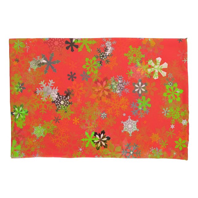 SNOW FLAKES ON RED PILLOWCASE (Front-Left)