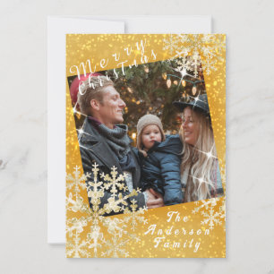 Snow Flakes Photo Gold Holiday Card