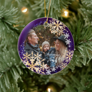 Snow Flakes Photo Purple Ceramic Ornament
