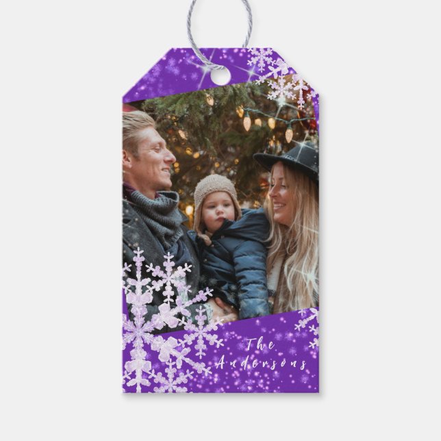 Snow Flakes Photo Purple Gift Tags (Front)