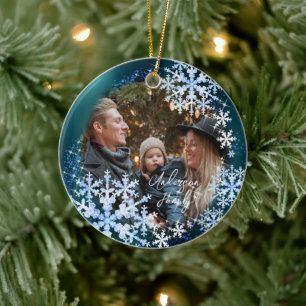 Snow Flakes Photo Turquoise Ceramic Ornament