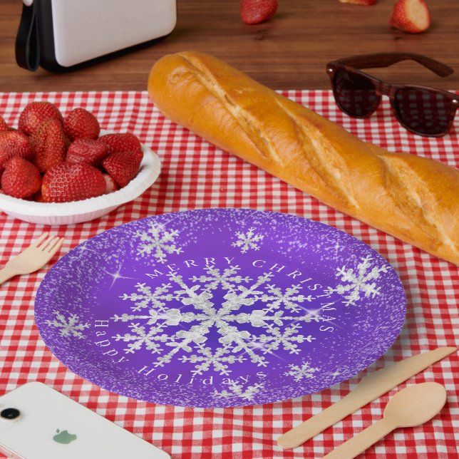 Snow Flakes Purple White  Paper Plate (Picnic)