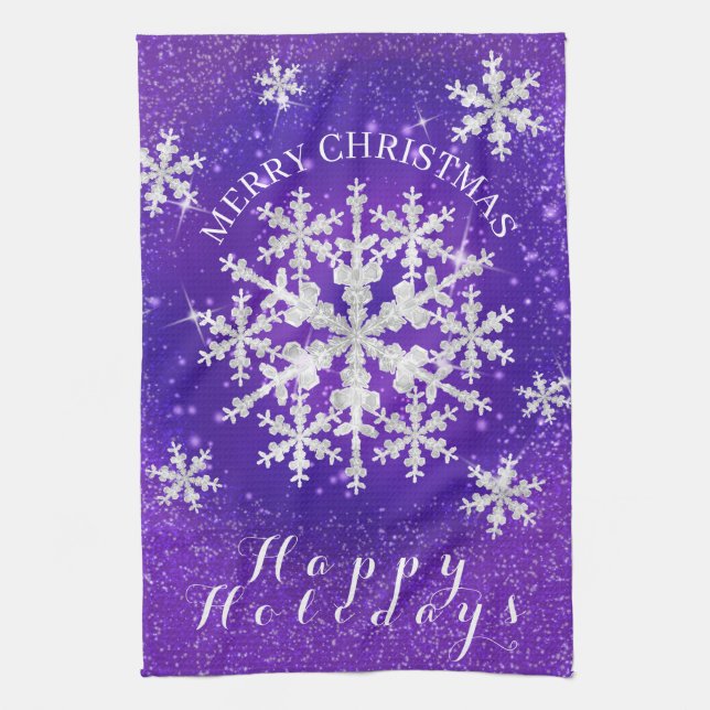 Snow Flakes Purple White Tea Towel (Vertical)