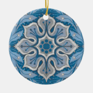 Snow flower, floral pattern, blue & grey snowflake ceramic ornament