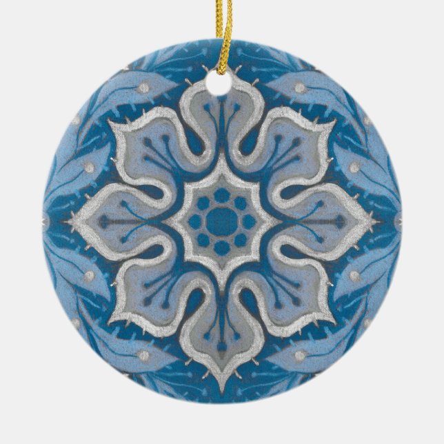 Snow flower, floral pattern, blue & grey snowflake ceramic ornament (Front)