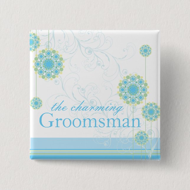 Snow Flower Swirls Blue Groomsman Custom Button (Front)
