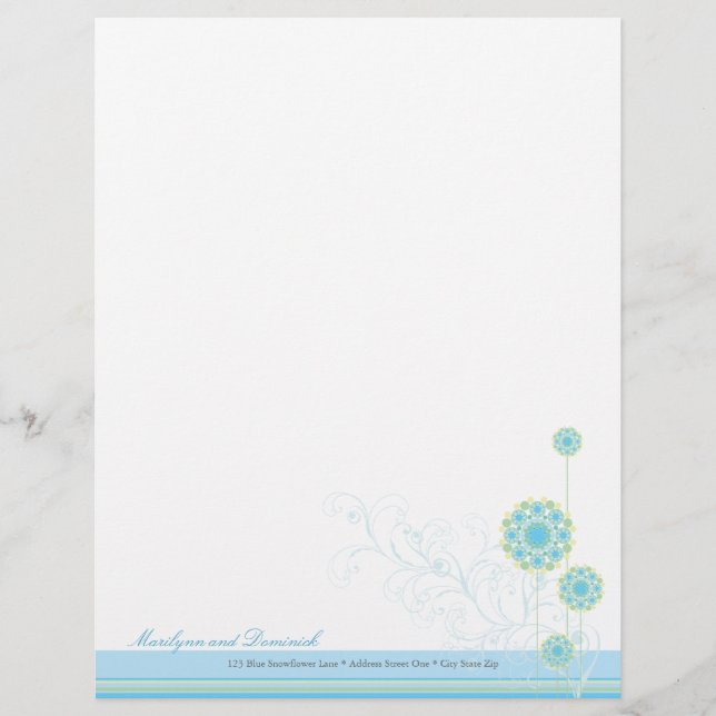 Snow Flower Swirls Blue Wedding Letterhead (Front)