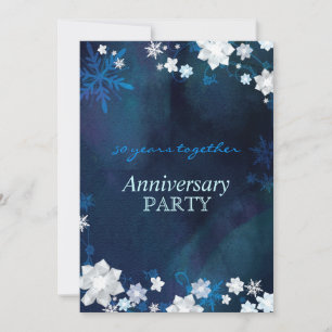 Snow Flowers Blue Winter Wedding Anniversary Invitation