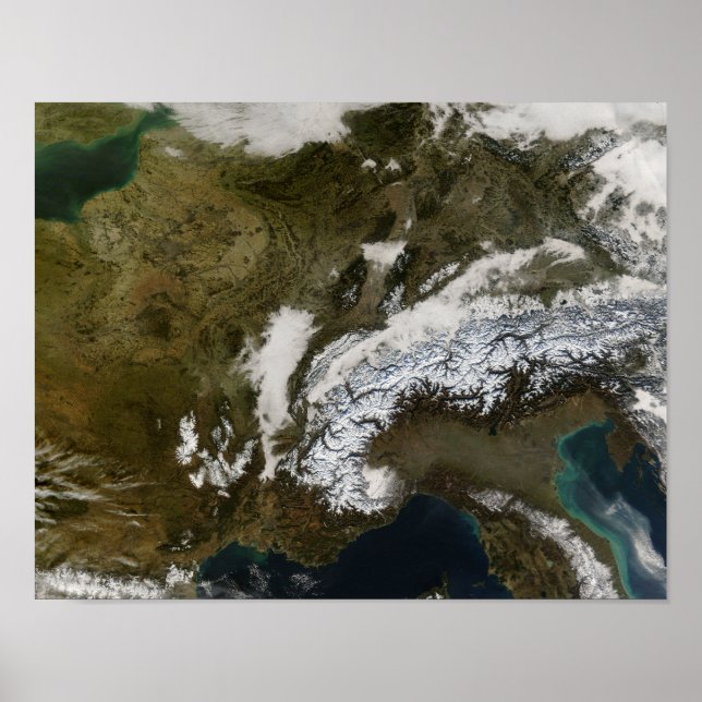 Snow, fog, and low clouds in western Europe Poster (Front)