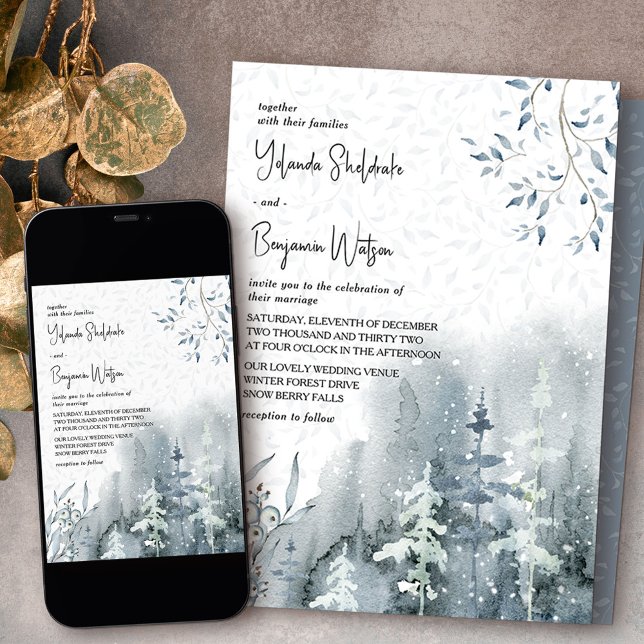 Snow Forest Delicate Leaves Winter Wedding Invitation (Wedding invitation from my Snow Forest Winter Wedding collection)