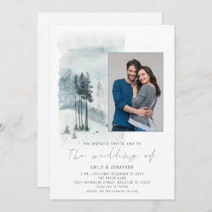 Snow Forest Photo Elegant Script Winter Wedding Invitation