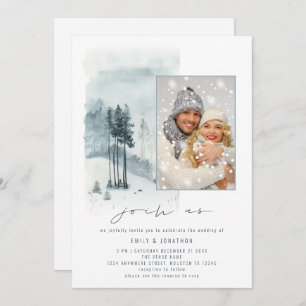 Snow Forest Photo Join Us QR Code Winter Wedding  Invitation