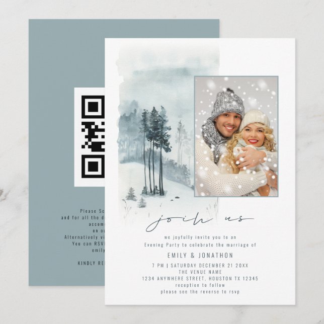 Snow Forest Photo Join Us QR Evening Party Wedding Invitation (Front/Back)