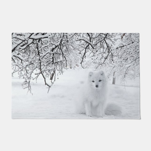 Snow Fox in Winter Woods Doormat (Front)