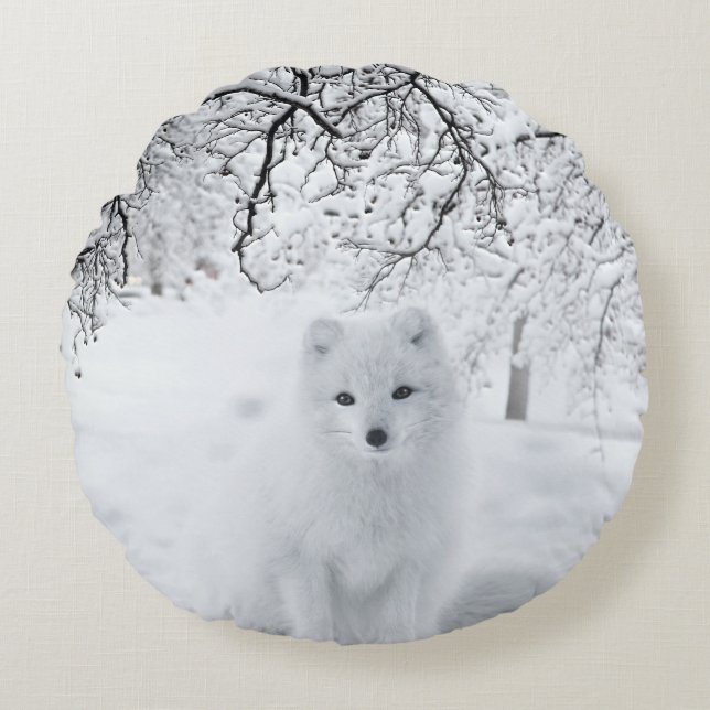 Snow Fox in Winter Woods Round Cushion (Front)