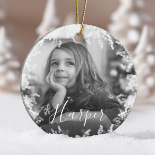 Snow Frame Minimal Black & White Photo Custom Name Ceramic Ornament