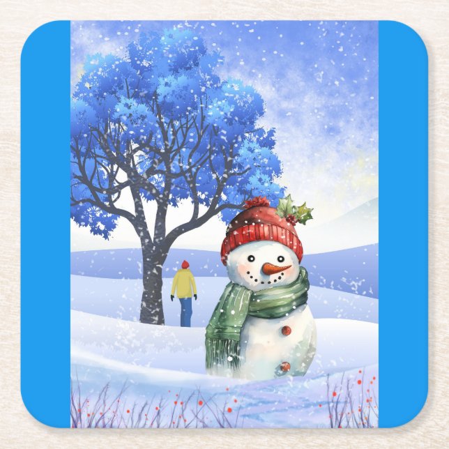 SNOW FUN ON A WINTER DAY SQUARE PAPER COASTER (Front)