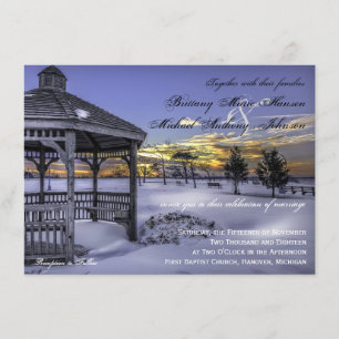 Snow Gazebo Tree Sunset Winter Wedding Invitations